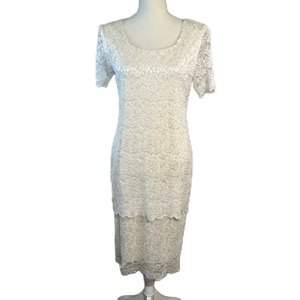 Vintage Teddi Lace Formal Midi Dress Womens 8 Tiered Ivory USA Event Wedding